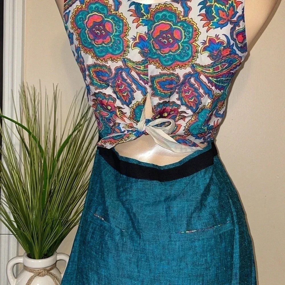 Rachel Roy women’s dress 6 small tank cutout tie back linen floral tie back teal - Picture 5 of 10